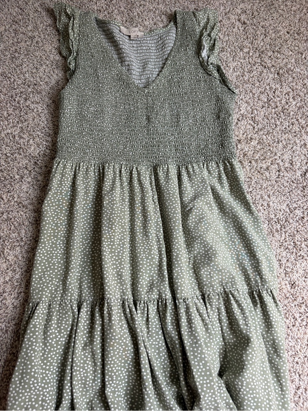 Loft Sage Green Smocked Tiered Dress